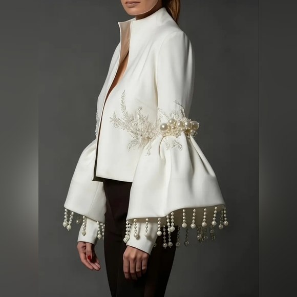 Jackets & Blazers - Elegant White Jacket with Pearl Embellishments